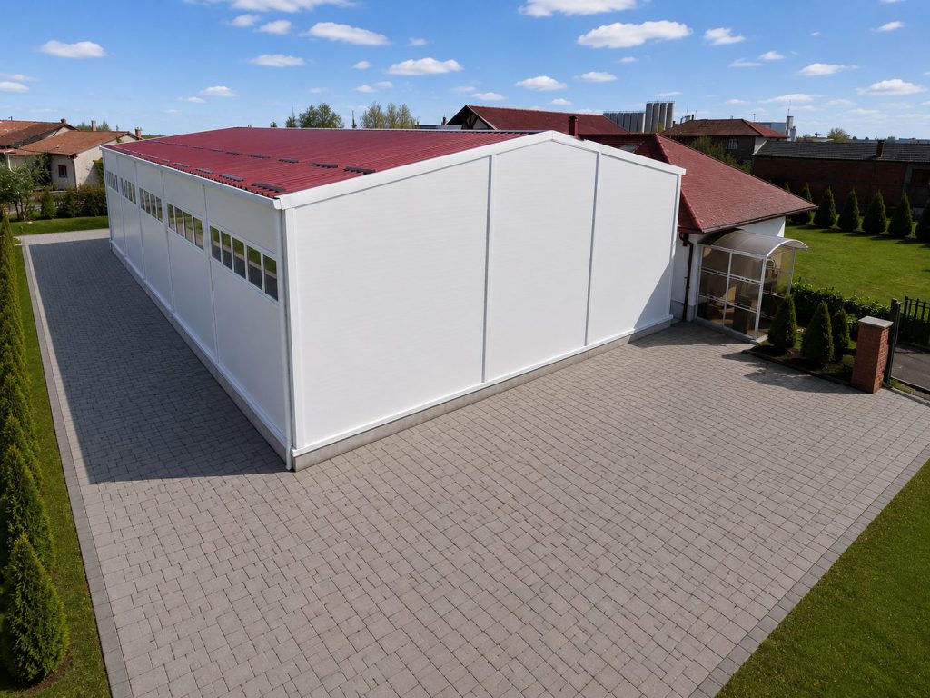 Skladišna hala sa crvenim krovnim i svetlim zidnim panelima, snimak dronom